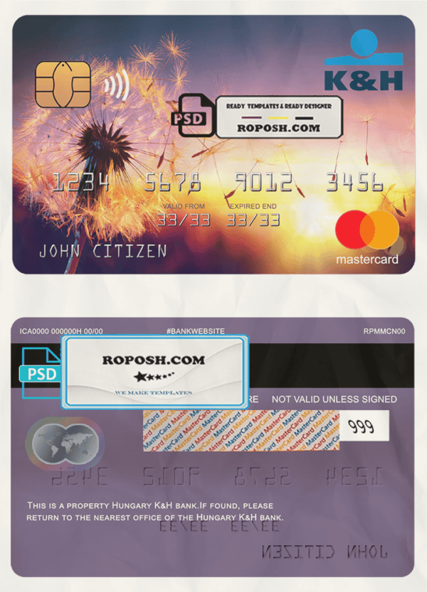 Hungary K&H bank mastercard, fully editable template in PSD format