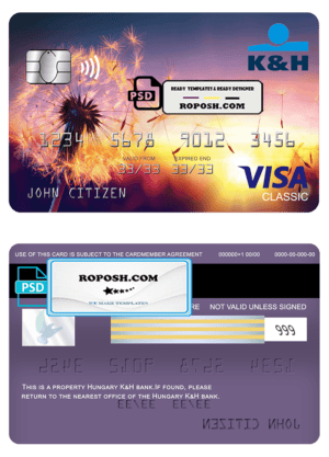 Hungary K&H bank visa classic card, fully editable template in PSD format