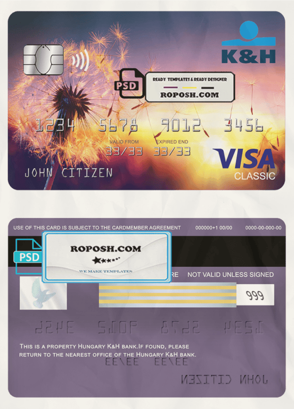 Hungary K&H bank visa classic card, fully editable template in PSD format