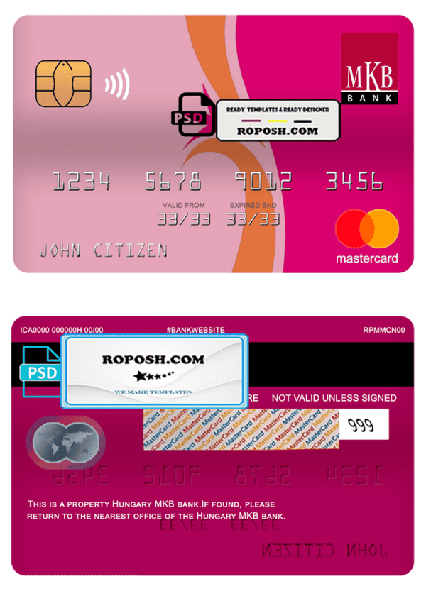 Hungary MKB bank mastercard, fully editable template in PSD format