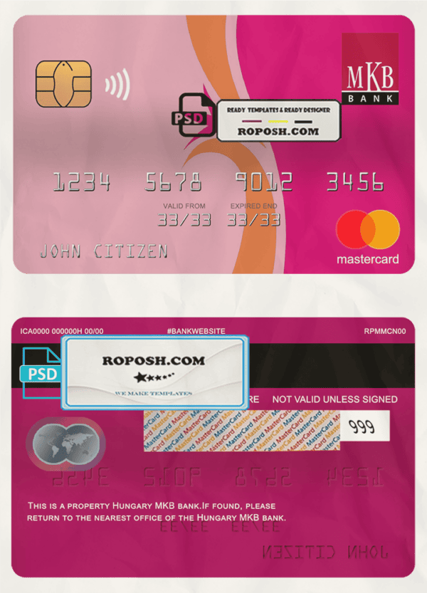 Hungary MKB bank mastercard, fully editable template in PSD format