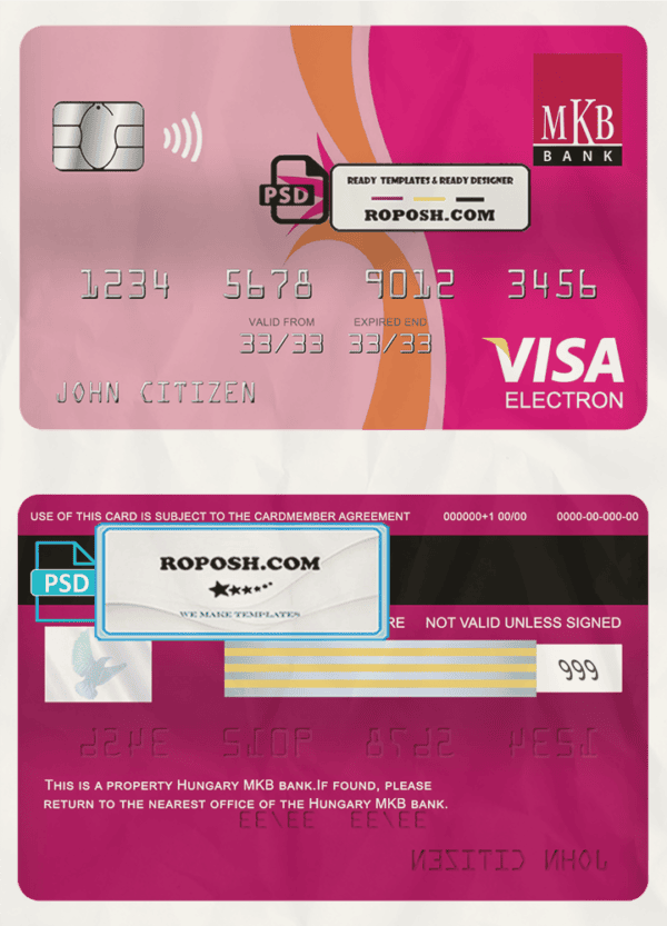 Hungary MKB bank visa electron card, fully editable template in PSD format