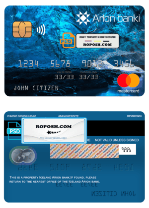 Iceland Arion bank mastercard, fully editable template in PSD format