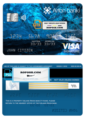 Iceland Arion bank visa signature card, fully editable template in PSD format