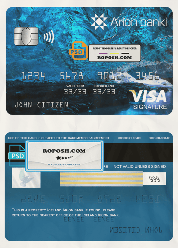 Iceland Arion bank visa signature card, fully editable template in PSD format