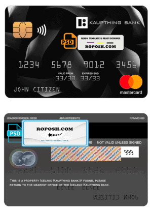 Iceland Kaupthing bank mastercard, fully editable template in PSD format
