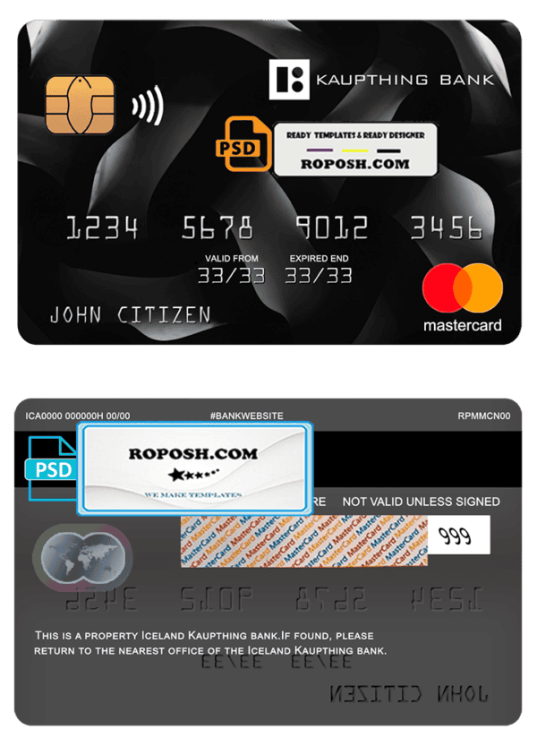 Iceland Kaupthing bank mastercard, fully editable template in PSD format
