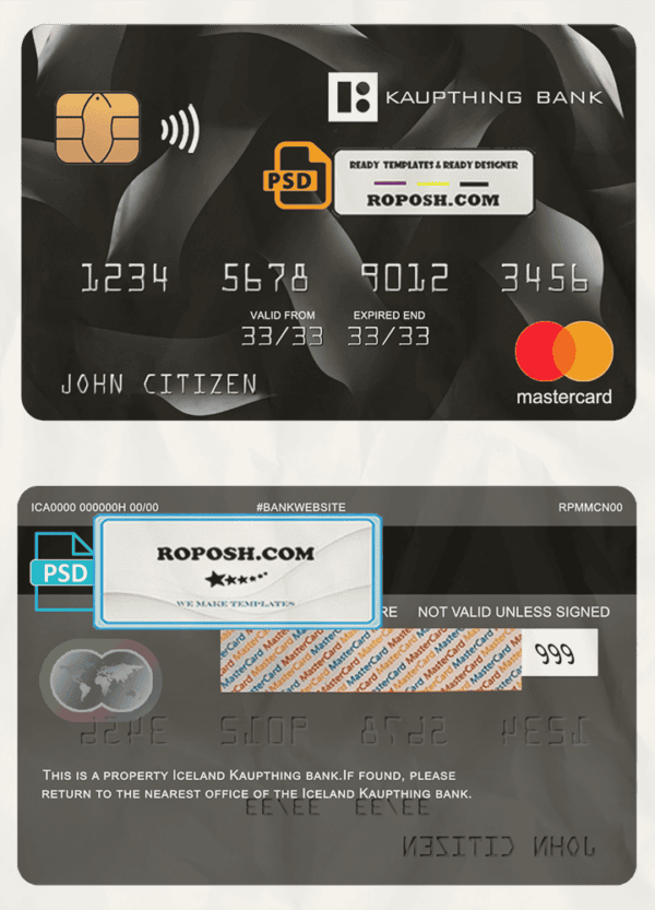 Iceland Kaupthing bank mastercard, fully editable template in PSD format
