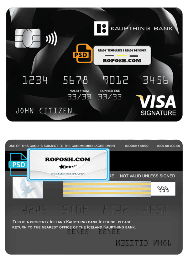 Iceland Kaupthing bank visa signature card, fully editable template in PSD format