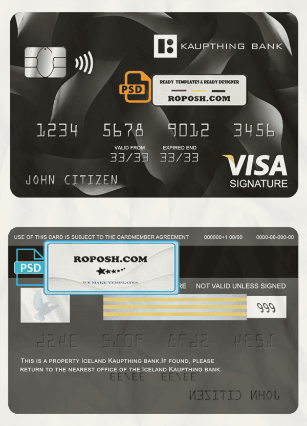 Iceland Kaupthing bank visa signature card, fully editable template in PSD format
