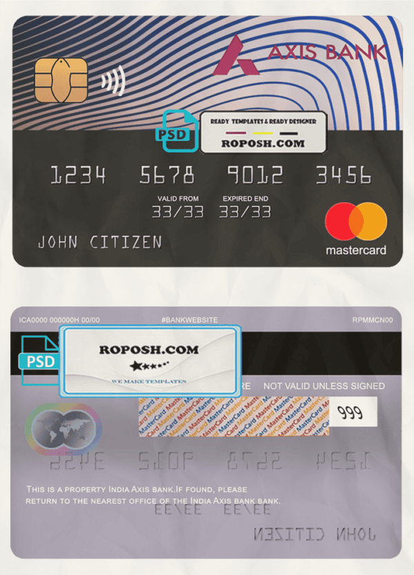 India Axis bank mastercard, fully editable template in PSD format