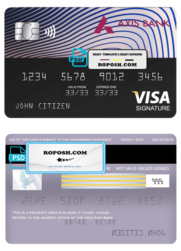 India Axis bank visa signature card, fully editable template in PSD format