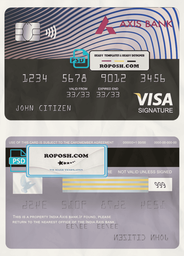 India Axis bank visa signature card, fully editable template in PSD format