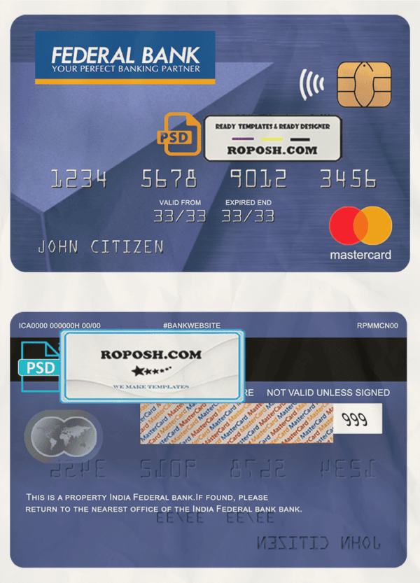 India Federal bank mastercard, fully editable template in PSD format