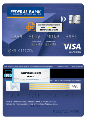 India Federal bank visa classic card, fully editable template in PSD format