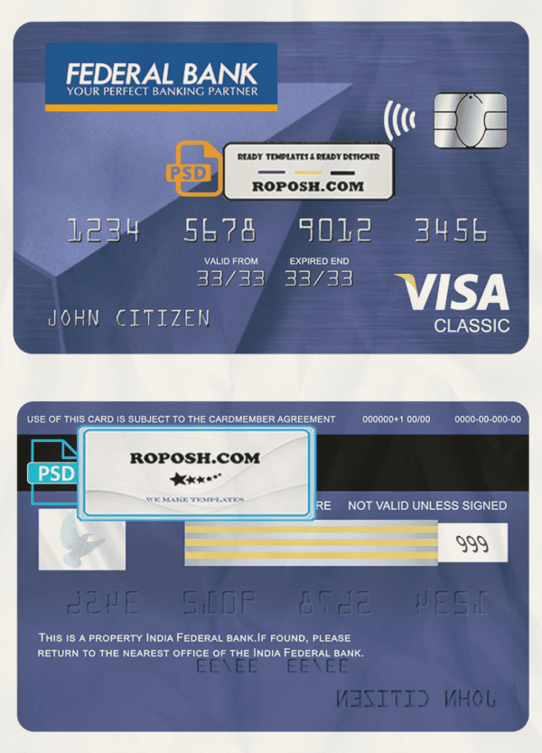 India Federal bank visa classic card, fully editable template in PSD format