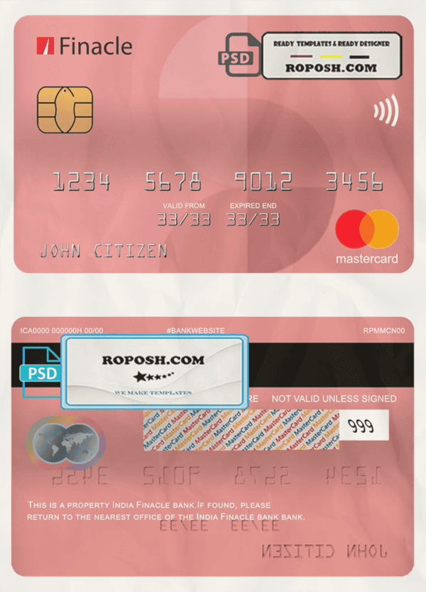 India Finacle bank mastercard, fully editable template in PSD format