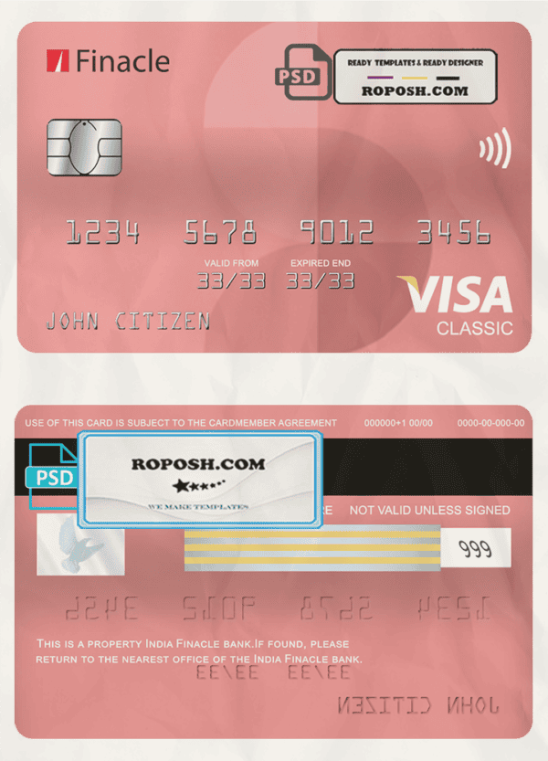 India Finacle bank visa classic card, fully editable template in PSD format