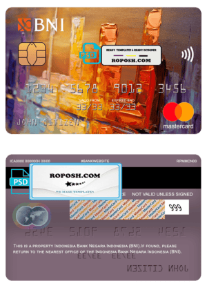 Indonesia bank Negara Indonesia (BNI) bank mastercard, fully editable template in PSD format
