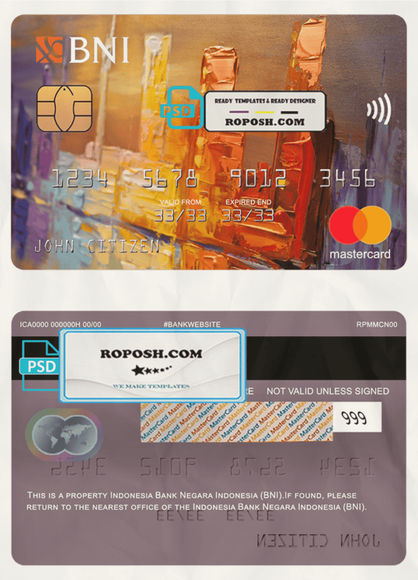 Indonesia bank Negara Indonesia (BNI) bank mastercard, fully editable template in PSD format