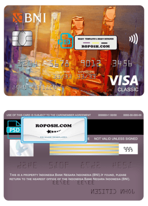 Indonesia bank Negara Indonesia (BNI) bank visa classic card, fully editable template in PSD format