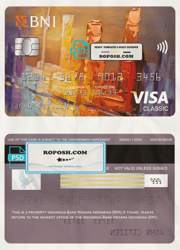 Indonesia bank Negara Indonesia (BNI) bank visa classic card, fully editable template in PSD format