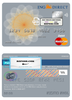 Australia ING Direct bank mastercard debit card template in PSD format, fully editable