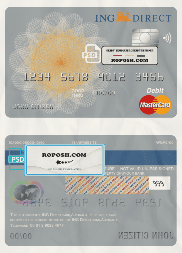 Australia ING Direct bank mastercard debit card template in PSD format, fully editable