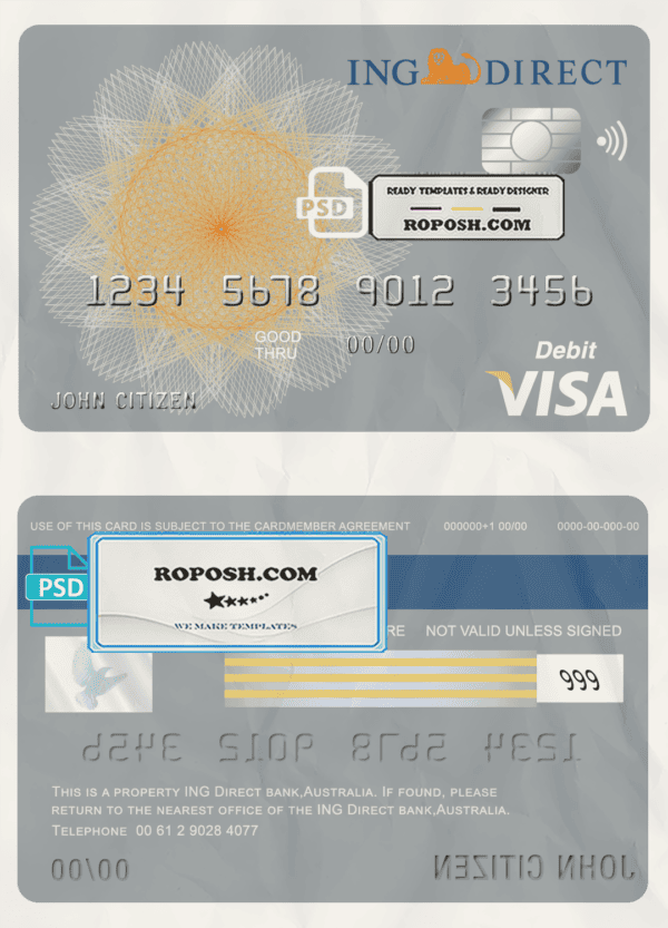 Australia ING Direct bank visa card debit card template in PSD format, fully editable
