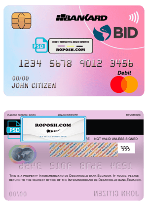 Ecuador Banco Interamericano de Desarrollo BID bank mastercard debit card template in PSD format, fully editable
