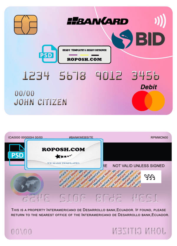 Ecuador Banco Interamericano de Desarrollo BID bank mastercard debit card template in PSD format, fully editable