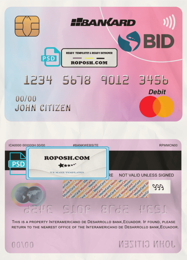 Ecuador Banco Interamericano de Desarrollo BID bank mastercard debit card template in PSD format, fully editable