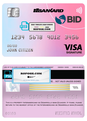 Ecuador Banco Interamericano de Desarrollo BID bank visa signature card template in PSD format, fully editable