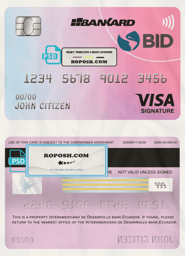 Ecuador Banco Interamericano de Desarrollo BID bank visa signature card template in PSD format, fully editable