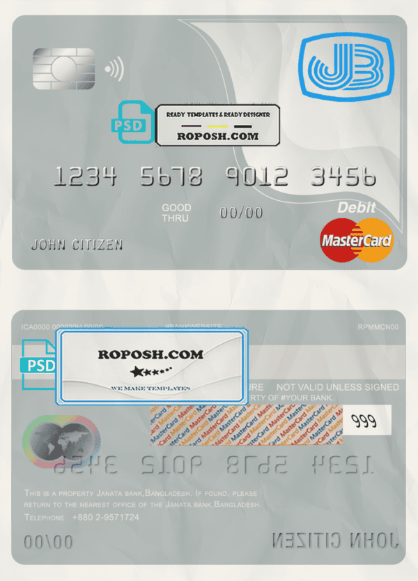 Bangladesh Janata bank mastercard debit card template in PSD format, fully editable