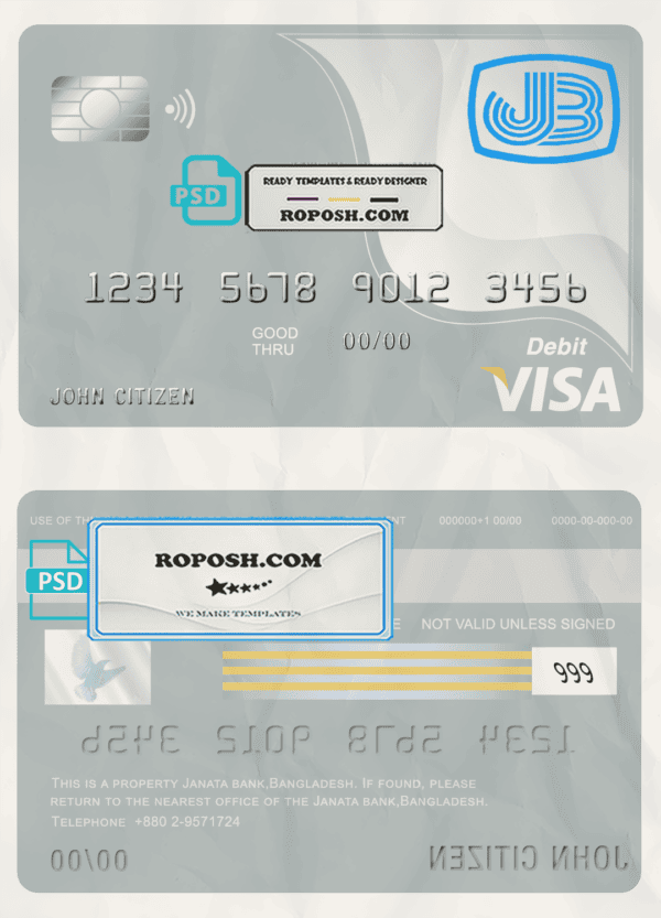 Bangladesh Janata bank visa card debit card template in PSD format, fully editable