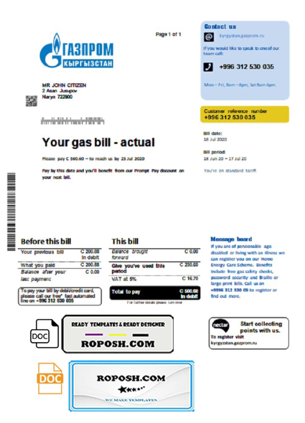 Kyrgyzstan Gazprom utility bill template in Word and PDF format