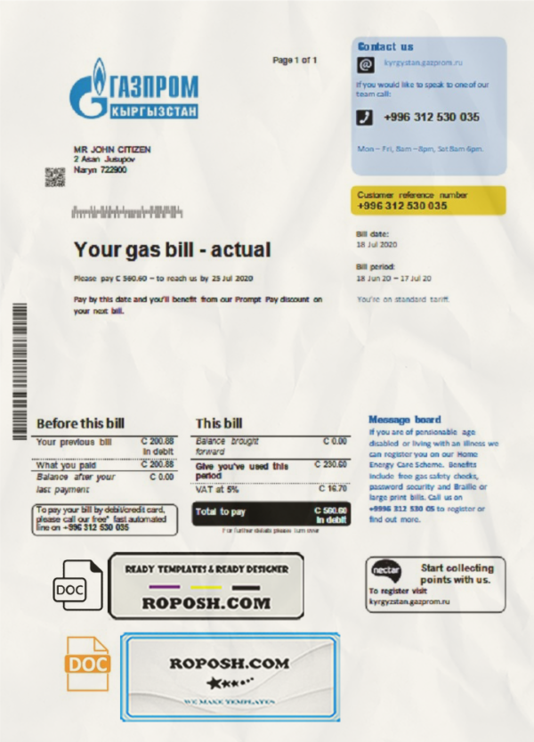 Kyrgyzstan Gazprom utility bill template in Word and PDF format scan effect