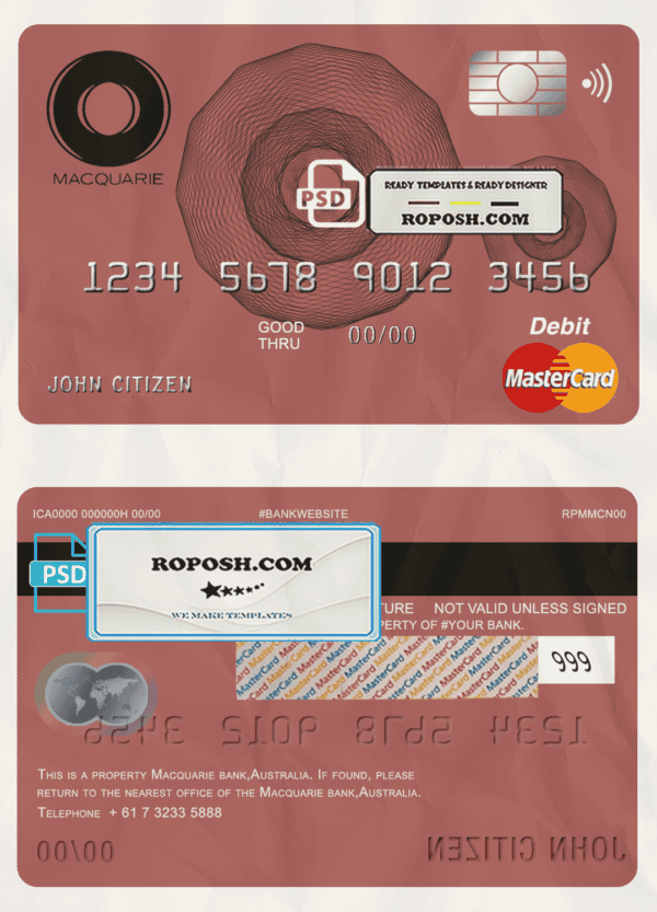 Australia Macquarie bank mastercard debit card template in PSD format, fully editable