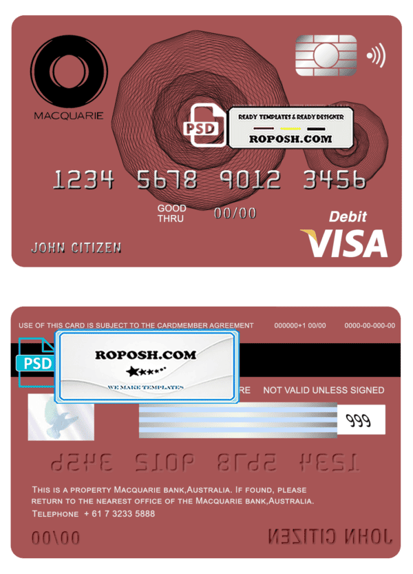 Australia Macquarie bank visa card debit card template in PSD format, fully editable