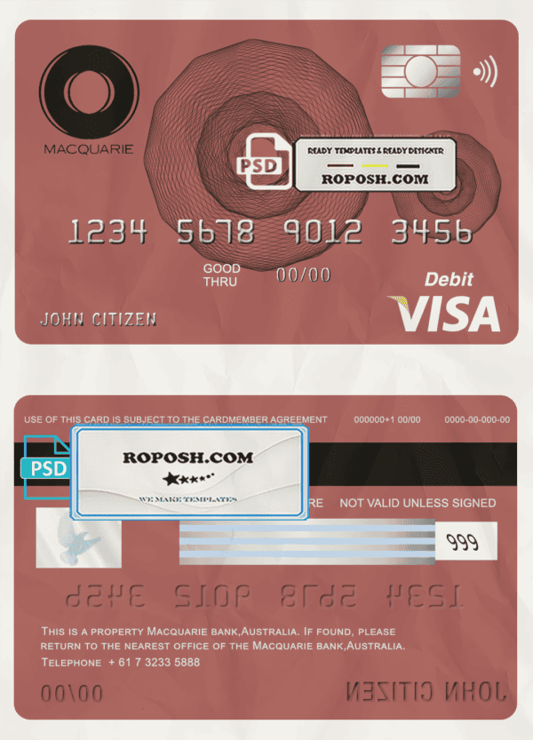 Australia Macquarie bank visa card debit card template in PSD format, fully editable
