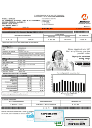 Philippines Meralco electricity utility bill template, fully editable in PSD format