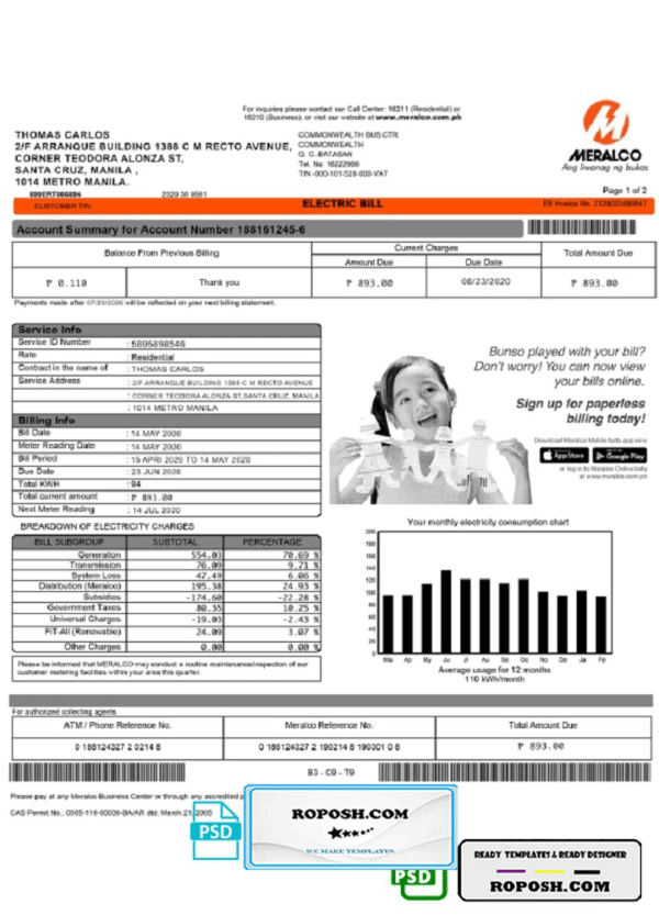 Philippines Meralco electricity utility bill template, fully editable in PSD format