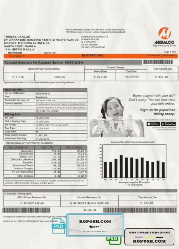 Philippines Meralco electricity utility bill template, fully editable in PSD format