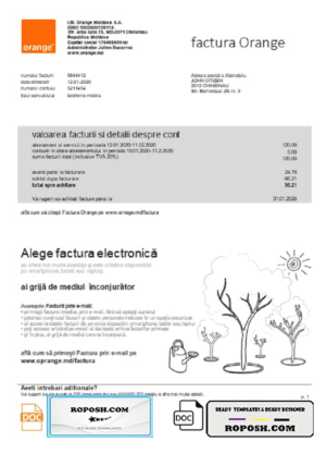 Moldova Orange Factura utility bill template in Word and PDF format