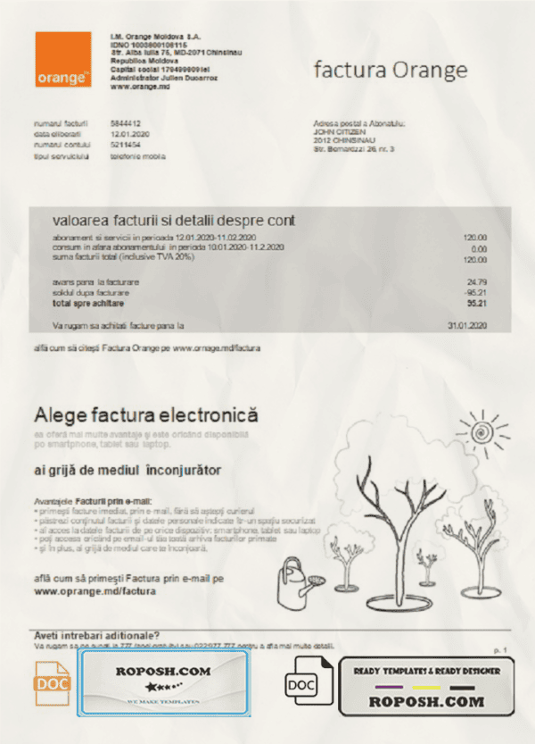 Moldova Orange Factura utility bill template in Word and PDF format