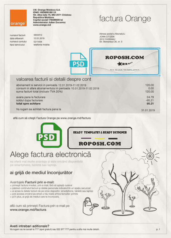 Moldova Orange utility bill template, fully editable in PSD format