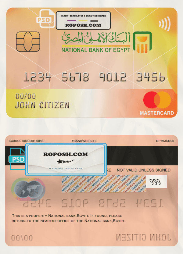 Egypt National Bank mastercard template in PSD format, fully editable