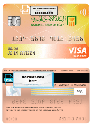 Egypt National Bank visa electron card template in PSD format, fully editable