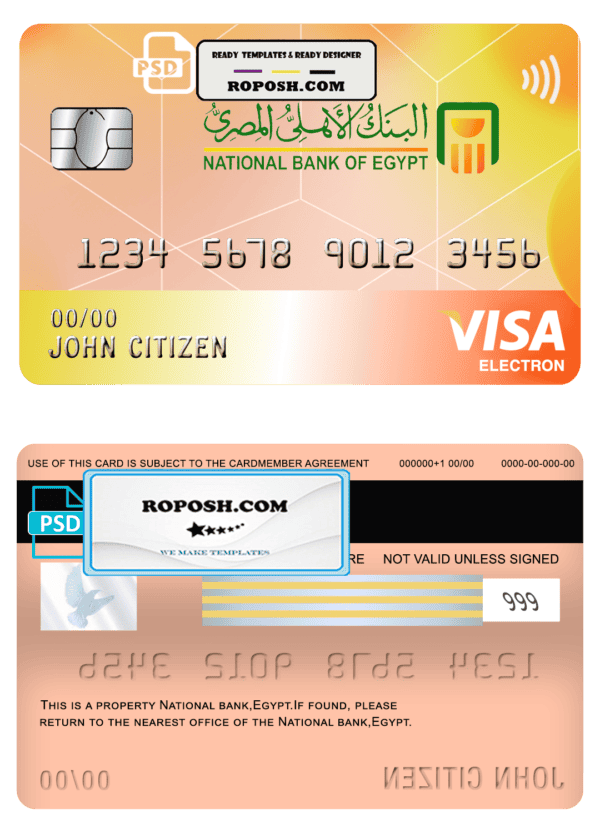 Egypt National Bank visa electron card template in PSD format, fully editable